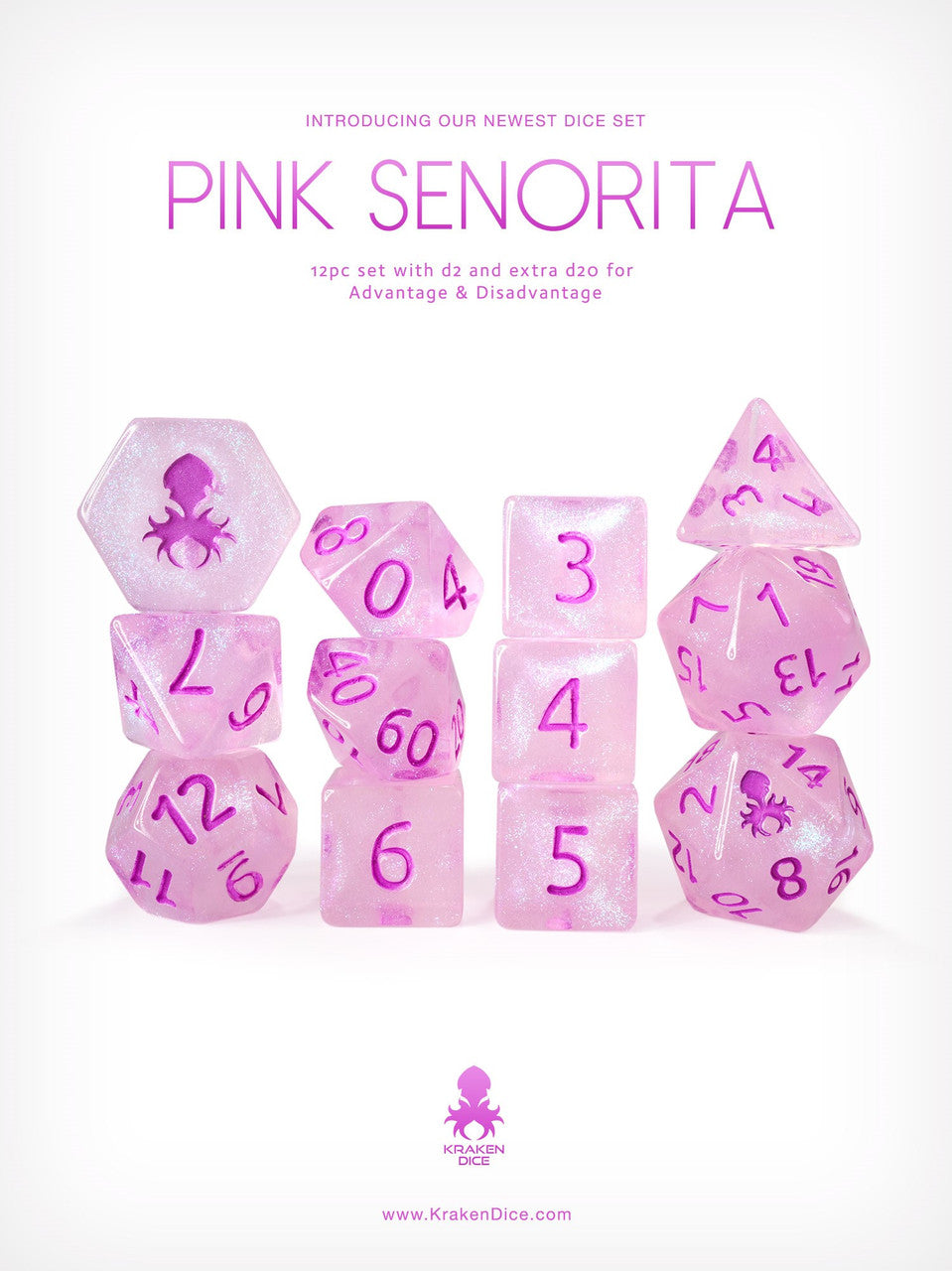 Pink Senorita 12pc Glitter RPG Dice Set